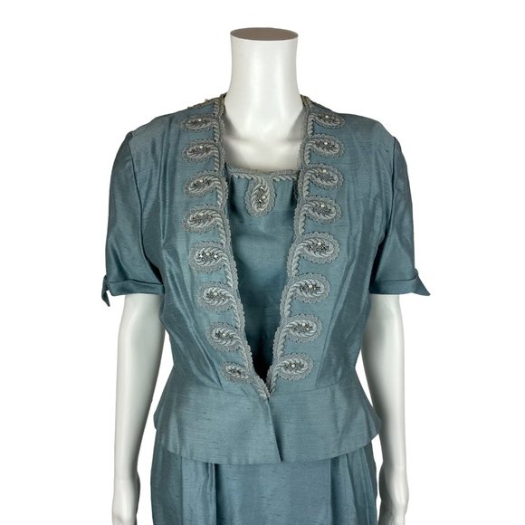 Vintage 1950s Dress Set Women's Small Faux Silk Blue Cocktail Outfit - Picture 12 of 15